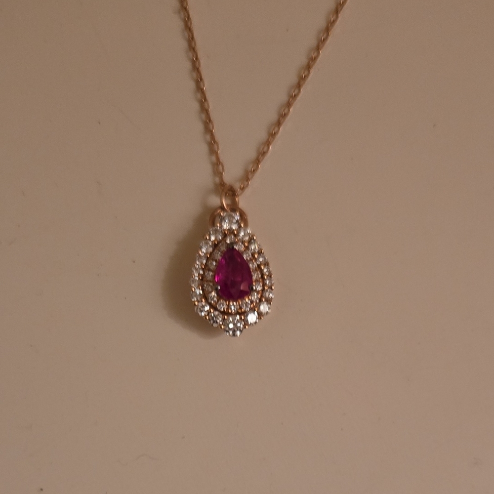Gold Teardrop Pendant Necklace with Pink Center Stone
